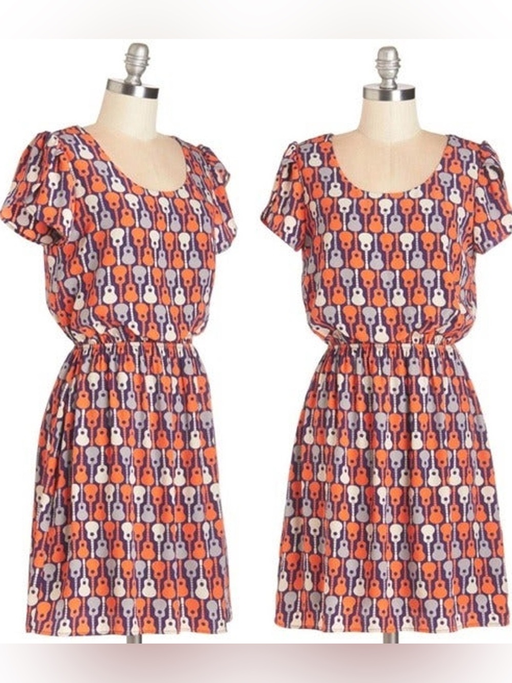 ModCloth Purple-ish/Dark Blue and Orange Guitar-Print Dress